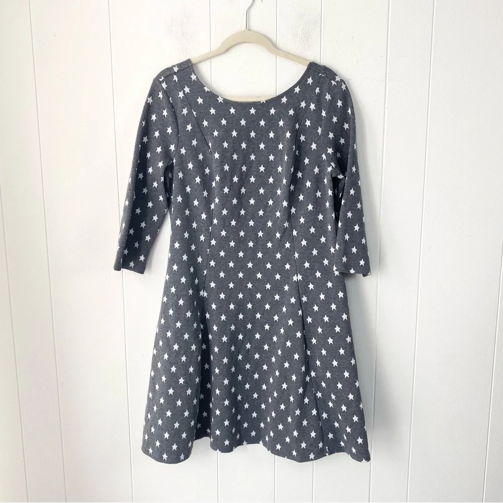 MODCLOTH Mini Dress Women Sz XL Gray Star Print 3/4 Sleeve A-Line Sheath Pleated - Picture 2 of 11